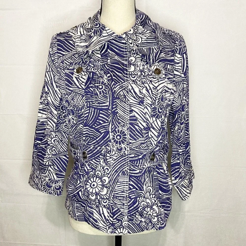 COLDWATER CREEK Utility Full Zip Jacket Sz 6 Floral Print Lapis Purple and White